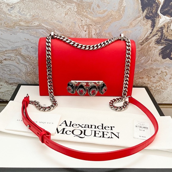 Alexander McQueen Knuckle Red Jewel Embellished Leather Cross Body Bag - Picture 5 of 15